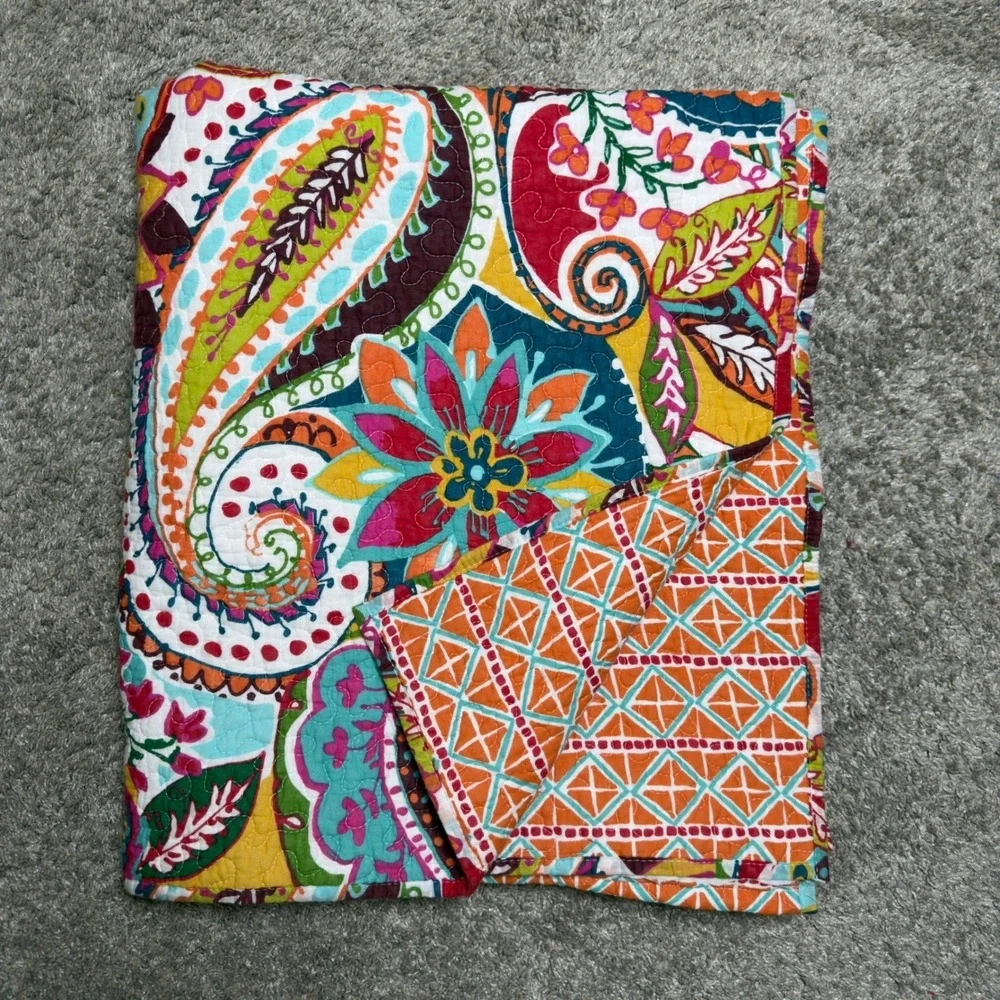 Cotton Reversible Quilt Throw Blanket 41x72 Multicolor Paisley Floral Artsy